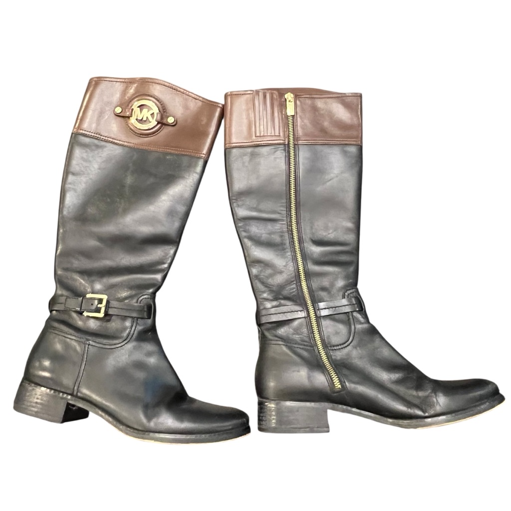 Michael Kors Stockard Tall Leather Riding Boots Black Brown Full Zip Gold 9.5m